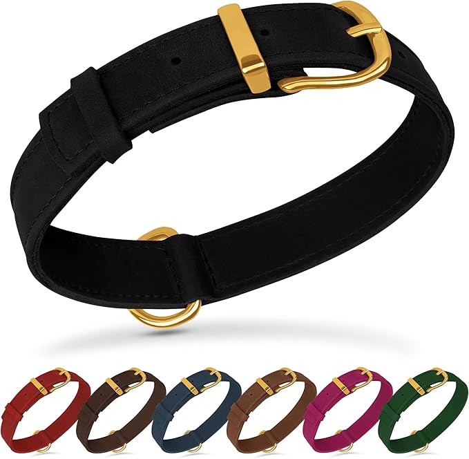 Leather Dog Collar - Heavy Duty Adjustable Soft Padded Pet Collars for Small Medium Large Dogs Breed - Black Green Brown Pink Red Blue (Black, S, 9"-12" Neck Fit)