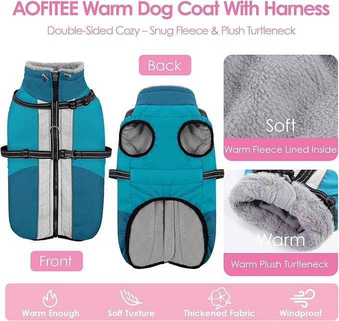 AOFITEE Dog Coat, Windproof Turtleneck Dog Jacket with Built in Harness, Reflective Dogs Jackets with Fleece Lining, Waterproof Pet Winter Coat for Cold Weather for Border Collie, Beagle, Turquoise XL