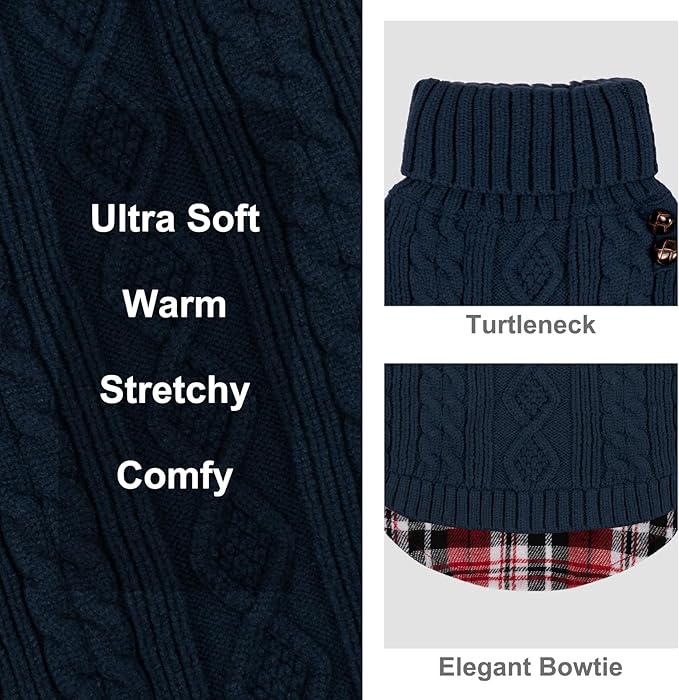 KYEESE Dog Sweaters with Leash Hole for Small Dogs Navy Blue Dog Turtleneck Sweater Pullover Knitwear with Gingham Warm Pet Sweater (Medium (Pack of 1))