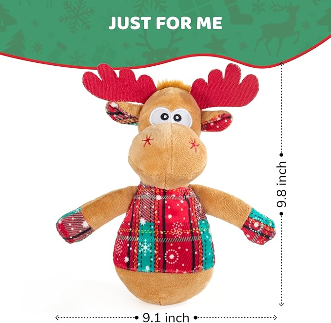 Christmas Dog Toys – Plush Reindeer & Snowman Holiday Set for Small and Medium Dogs, Soft Stuffed Chew Toys with Crinkle Ears, Festive Red Green Plaid, Cute Stocking Stuffer Gift