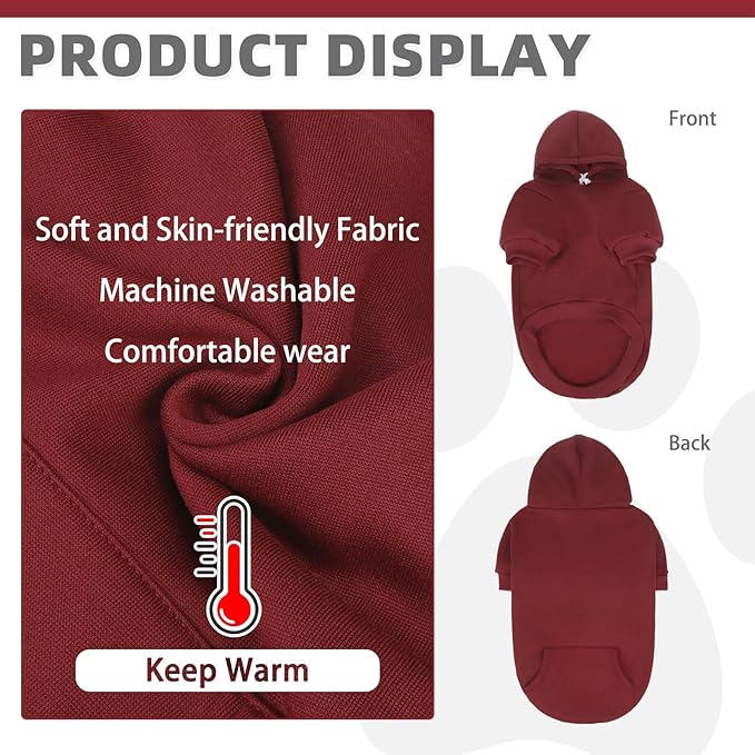KOOLTAIL Basic Dog Hoodie - Soft and Warm Dog Hoodie Sweater with Leash Hole and Pocket, Dog Winter Coat, Cold Weather Clothes Sweatshirt for Small Medium Large Dogs Puppy Cat Boys Girls Deep Red XL