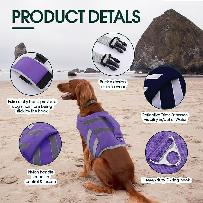 Kuoser Dog Life Jacket with Reflective Stripes, Adjustable High Visibility Ripstop Pet Life Preserver for Small, Medium and Large Dogs