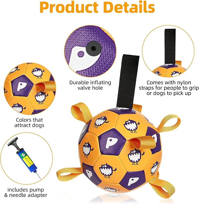 Dog Toys Soccer Ball, Soccer Ball with Straps, Interactive Dog Toys for Tug of War, Dog Water Toy, Durable Dogs Balls for Small Medium & Large Dogs