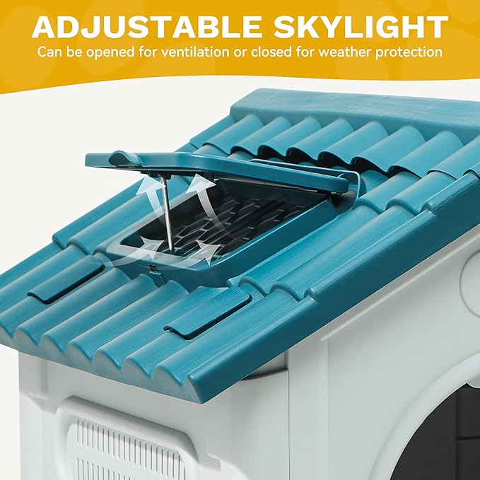 DWVO 33.1'' Plastic Foldable Dog House for Small and Medium Dogs, Waterproof Folding Pet House with Adjustable Top Window and Elevated Base (33.1''L x 27.6''W x 30''H)
