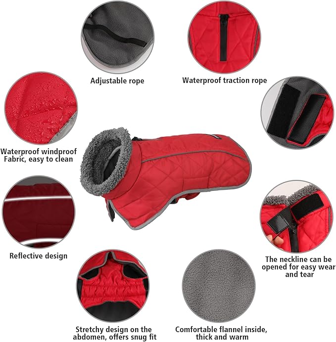 Fragralley Dog Coat Small, Waterproof Dog Jacket with Warm Fleece Lining, Adjustable Reflective Dogs Winter Coat, Turtleneck Pet Coats for Cold Weather (Red S)
