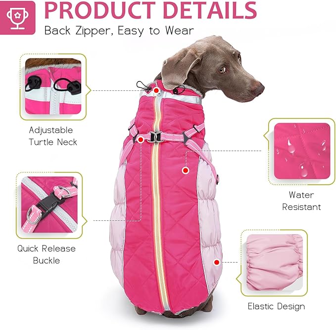 Dog Winter Coat with Harness, Dog Jacket, Pet Clothes with Zipper on Back, Waterproof Windproof Warm Vest, Reflective Cold Weather Coats, for Small Medium Large Dogs, Thick, Pink, 2XL