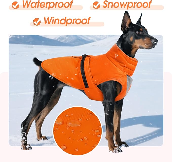 XL Dog Coat, Warm Dog Winter Jacket, Waterproof Dogs Snowsuit with Foldable High Collar, Reflective Strips, Leash Hole, and Adjustable Hook & Loop Closure - Ideal for Cold Weather - Orange XL