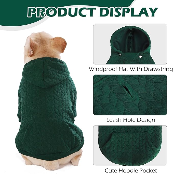 EXPAWLORER Textured Cable Knit Basic Dog Hoodie, Elevated Style Dog Sweater with Leash Hole and Pocket, Soft and Warm Pet Winter Coat, Cold Weather Clothes for Small Medium Large Dogs,Dark Green L