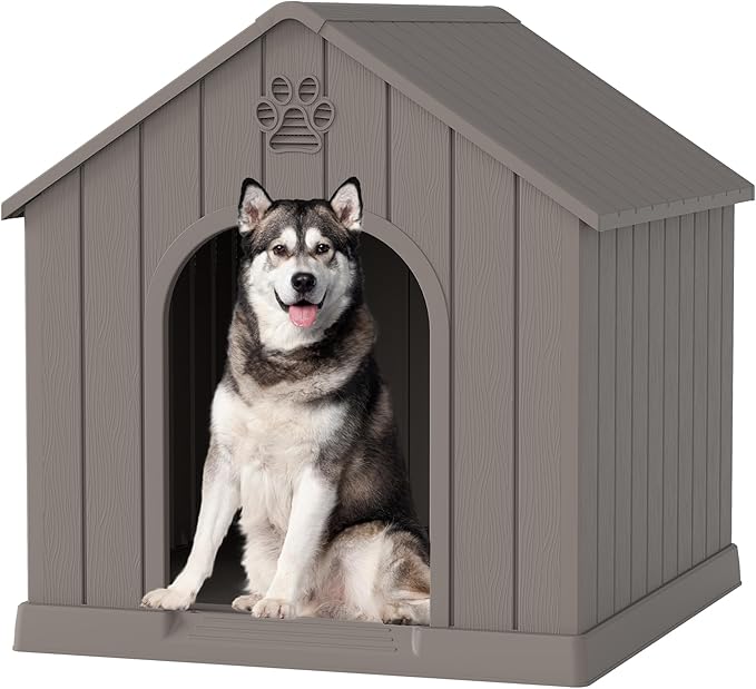 Large Dog House Outdoor Indoor, Durable Plastic Waterproof Doghouse with Air Vents and Elevated Floor, Easy Clean and Assemble for Medium Large Dogs (Classic Grey, 36.2''L×38''W×38''H)