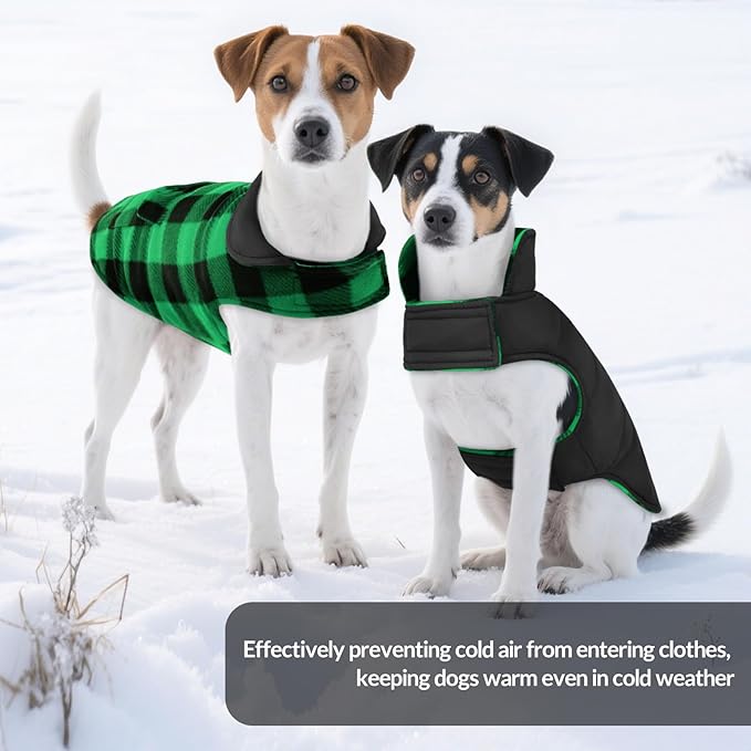 ASENKU Dog Winter Coat, Fleece Doggie Jacket Plaid Reversible Vest Waterproof Windproof Cold Weather Clothes for Small Medium Large Dogs (XS, Green)