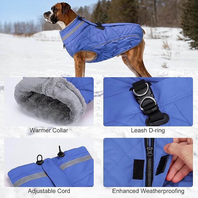 Dog Coat, Warm Dog Winter Coat for Medium Dogs, Waterproof Jacket with Harness Built in, Reflective Turtleneck Cold Weather Coats with Zipper,Pet Fleece Vest Snow Jacket, Blue M