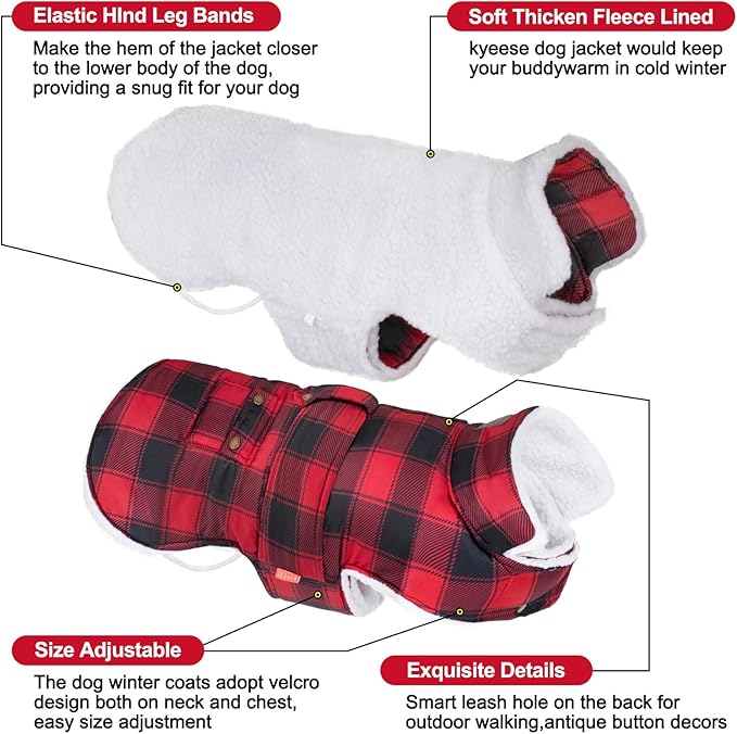 KYEESE Dog Coat Waterproof Dogs Jacket with Fleece Lined Soft Pet Sweater for Cold Weather Windproof Dog Coats for Small Dogs Thick Cat Clothes with Pocket Warm Pet Winter Puffer Coat with Leash Hole