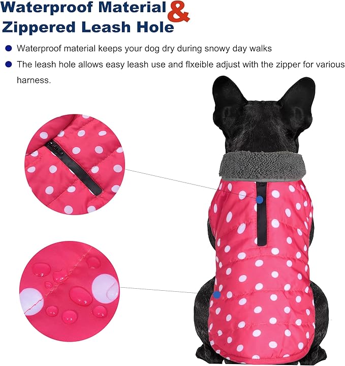 Dog Winter Coat, Waterproof Dog Jacket with Leash Hole, Reflective Adjustable Pet Snow Vest, Warm Fleece Sweater for Small Medium Large Dogs - Pink Polka Dot, M