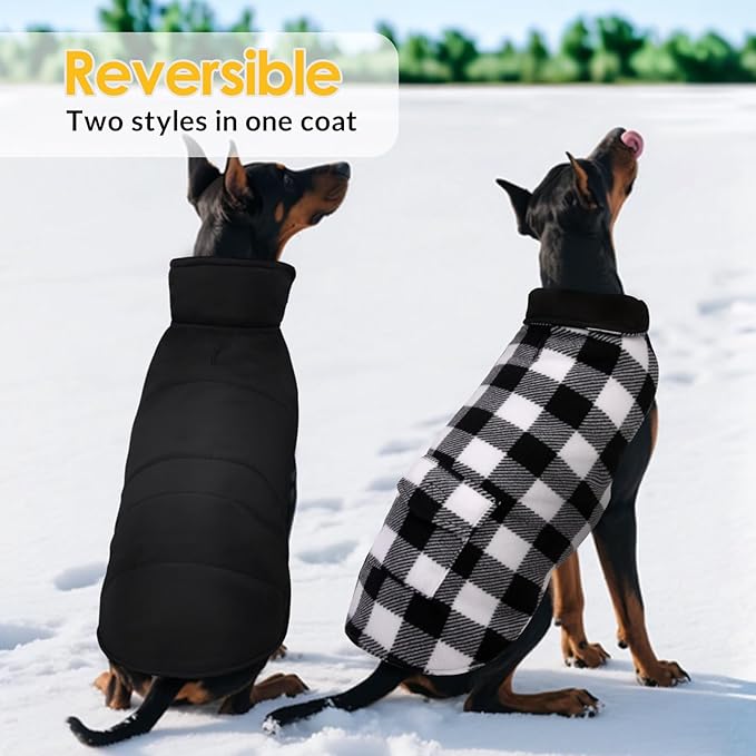ASENKU Dog Winter Coat, Fleece Doggie Jacket Plaid Reversible Vest Waterproof Windproof Cold Weather Clothes for Small Medium Large Dogs (XXL, White)