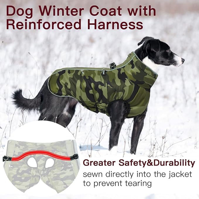 Dog Winter Jacket - XX Large, Warm Zip Up Snowsuit Dog Harness Vest, Reflective, Water-Resistant, Camouflage