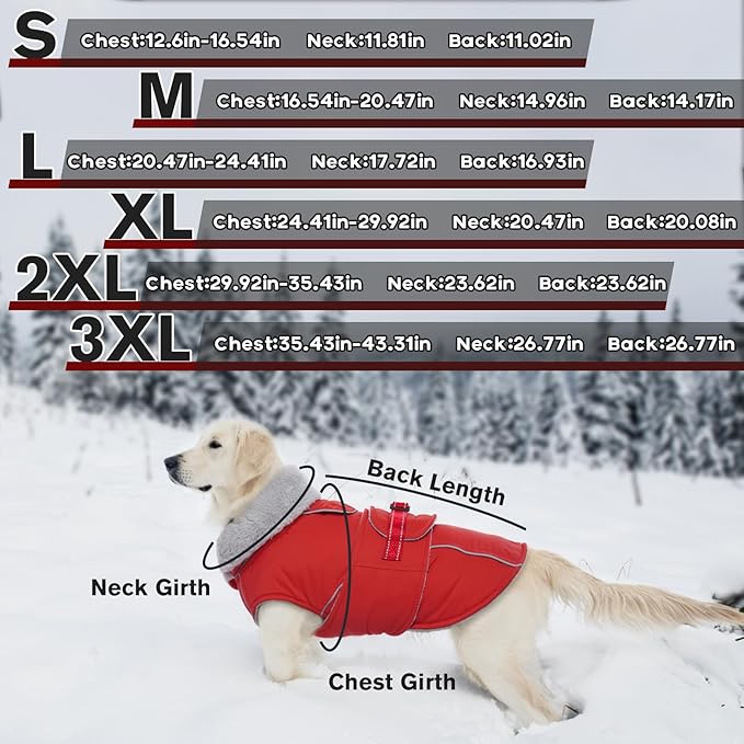 Lelepet Warm Dog Coat Waterproof Dog Jacket Reflective Fleece Vest with Adjustable Buckle Hook & Loop, Windproof Winter Jacket Dogs Coats for Small Medium Large Dogs, Red, S