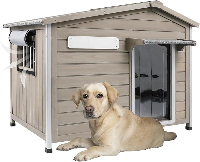 Outdoor Dog House with Reinforced Iron Frame, Wooden Kennel with Weather-Resistant Roof, Removable Floor, Vent Window & Easy Assembly, for Medium & Large Dogs, 40" L x 26" W x 33.5" H