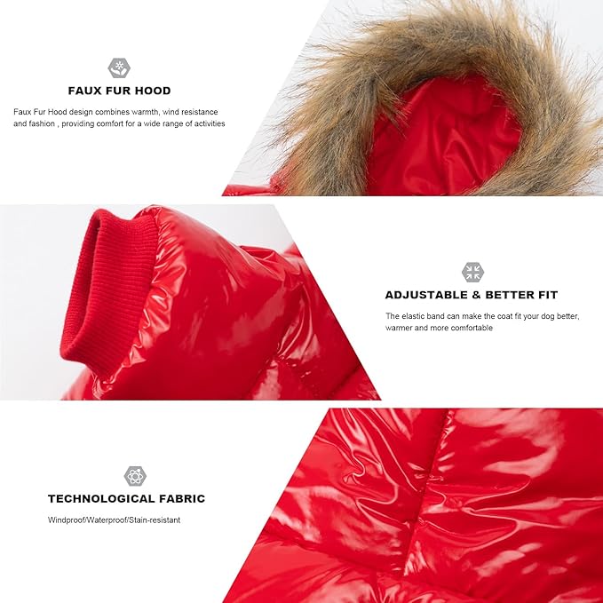 PINA Dog Winter Coat with Large Faux Fur Hood, Windproof and Warm, Suitable for Small to Large Dogs, Red, XL