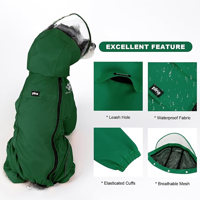 PINA Dog Raincoat, Waterproof Jacket with Hood, Lightweight Dog Jacket with Leash Hole, Poncho with Reflective Strap and Pocket for Wet Weather, Full Wrap Design for Full Protection