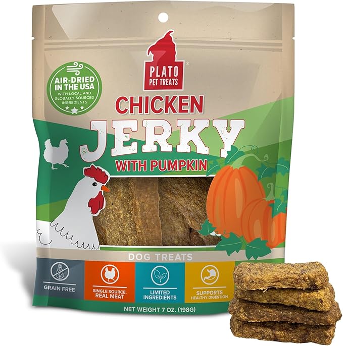 PLATO Pet Treats Dog Treats - Air-Dried Jerky for Dogs - Delicious, Real Meat Dog Treats - Grain Free - Supports Healthy Digestion - Chicken Jerky with Pumpkin 7oz