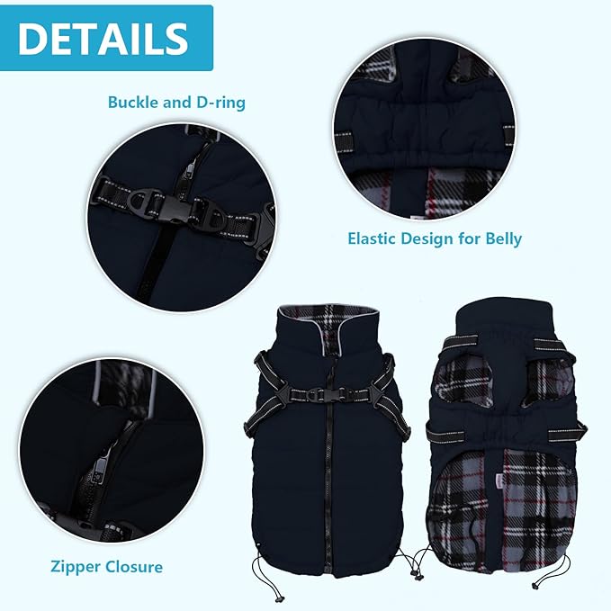 Geyecete Winter Warm Coat Waterproof Dog Jacket with Harness Traction Belt, Pet Outdoor Jacket Dog Autumn and Winter Clothes - Navy - L