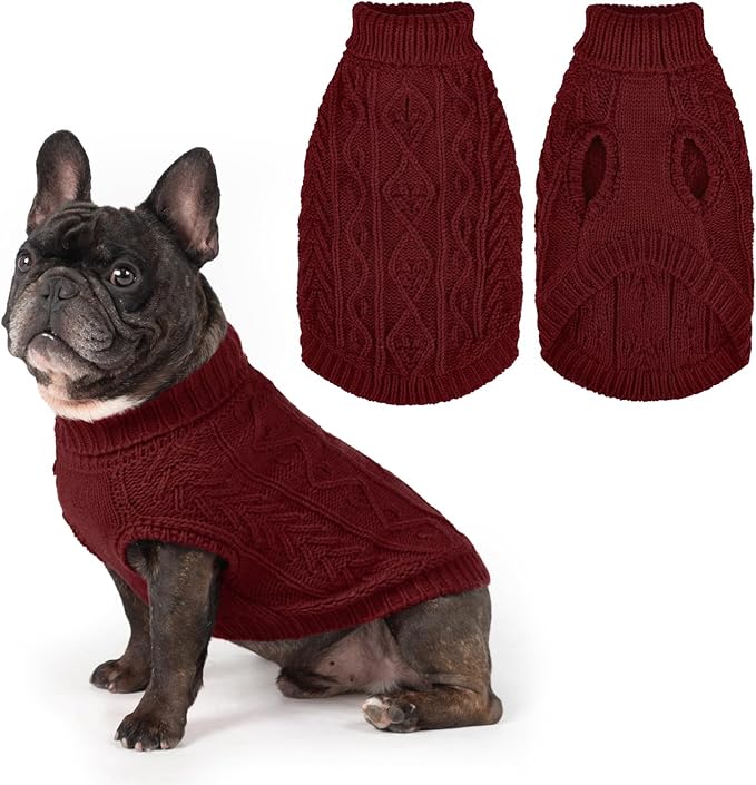 PUPTECK Dog Sweater, Turtleneck Warm Knitted Pullover Coat, Thick Cable Knitwear Clothes in Winter, Pet Apparel Outfits for Small Medium Dogs, for Cold Weather Indoor & Outdoor, Deep Red SM
