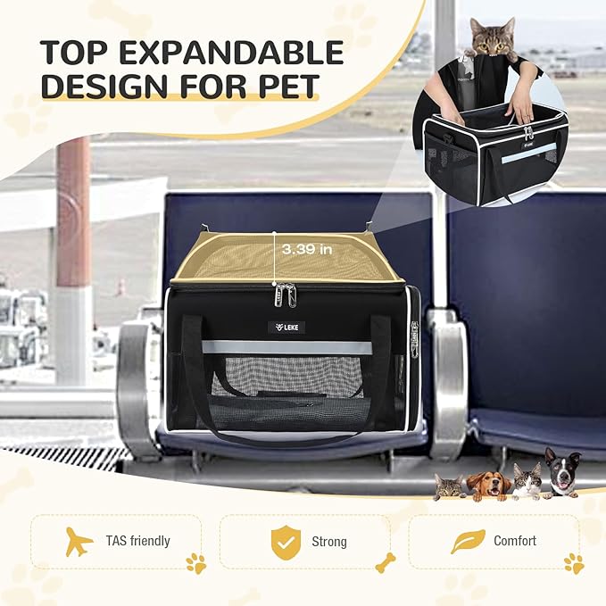 Lekereise Top-Expandable Pet Carrier - TSA Airline Approved Soft Sided Underseat Up to 15lbs Travel Carriers for Small Cats and Dogs with Locking Safety Zippers Anti-Scratch Mesh Large