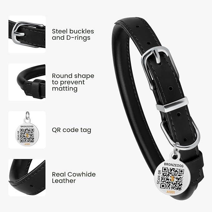 BRONZEDOG Rolled Leather Dog Collar for Small Medium Large Dogs with QR ID Tag (M: 14-16 Inch, Glossy Black)
