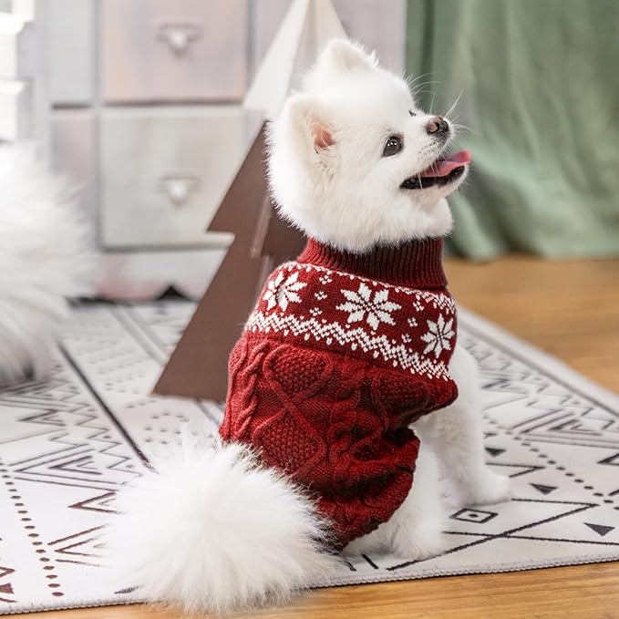 Warm Winter Pink Dog Sweater - Cold Weather Pet Clothes for Small Medium Large Dogs Indoor Outdoor, Soft Classic Knit Puppy Apparel Coat, Dark Red, SM