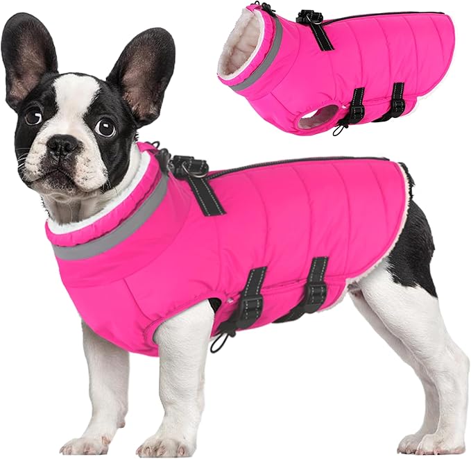 Large Dog Coat with Harness Built-in, Waterproof Reflective Fleece Lined - Warm Windproof Winter Jacket with Back Zipper, Cold Weather Snow Dog Coats - Pink - 3XL