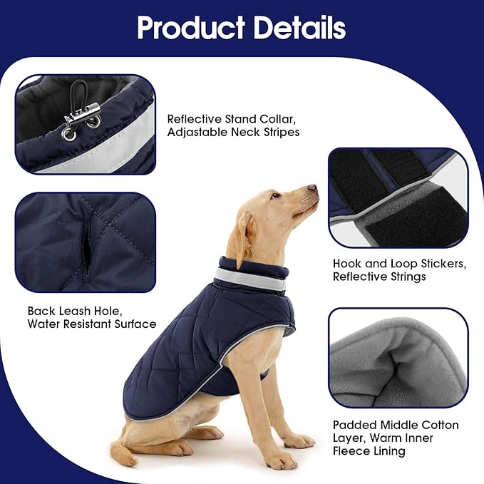 Dog Winter Coat Warm Padded Puppy Jacket Windproof Water Resistant Clothes for Small Medium Large Pets Christmas Sweater Outfit Vest(DarkBlue, XS)