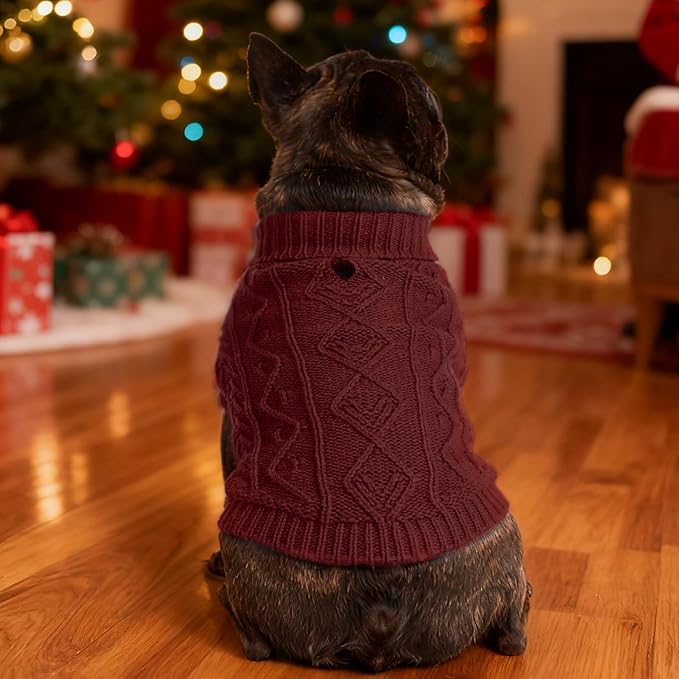 PUPTECK Dog Sweater, Turtleneck Warm Knitted Pullover Coat, Thick Cable Knitwear Clothes in Winter, Pet Apparel Outfits for Large Dogs, for Cold Weather Indoor & Outdoor, Deep Red L