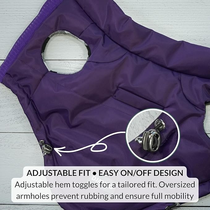 DJANGO Reversible Puffer Dog Coat – Warm Winter Dog Jacket & Water-Repellent Insulated Dog Coat w/Harness Hole, Windproof, Adjustable Fit for Small & Medium Dogs, Dachshunds – Violet Purple, Medium