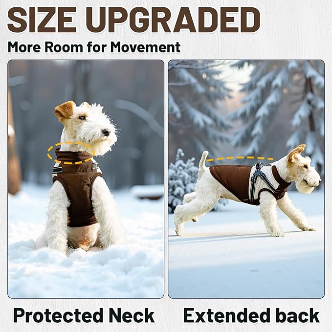 Dog Winter Coat for Small & Medium Dogs (Up to 31lb), Waterproof Dog Coat with Harness, Puppies Windproof Puppy Puffer Jacket, Snowsuit for Dachshund,Frenchie, Corgi (Classic Brown, XLarge)