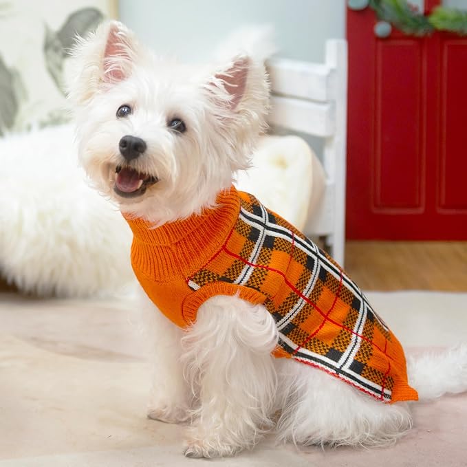 PUPTECK Dog Sweaters for Large Medium Small Dogs - Fall Classic Plaid Style Puppy Holiday Winter Coat Clothes Warm, Reddish Orange, L