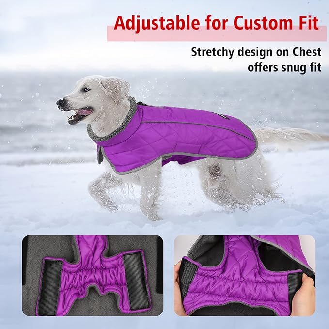 Fragralley Dog Coat Medium, Waterproof Dog Jacket with Warm Fleece Lining, Adjustable Reflective Dogs Winter Coat, Turtleneck Pet Coats for Cold Weather (Purple M)