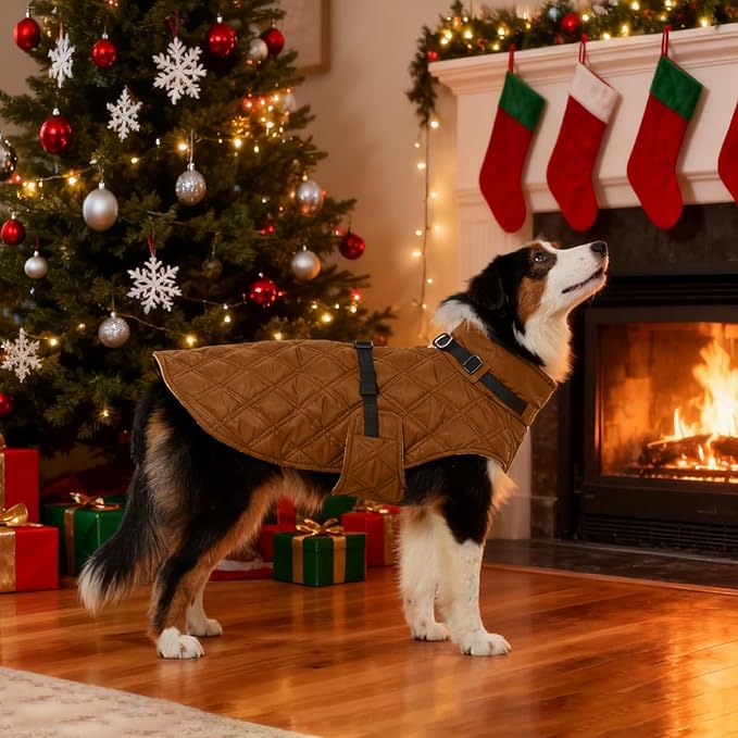 Kuoser Dog Coat Warm Fleece Lining Turtleneck Dog Jacket with Harness Built-in, Adjustable Windproof Cold Weather Coats with Quick Release Buckle Pet Winter Snowsuit for Extra Large Dogs, Khaki 3XL
