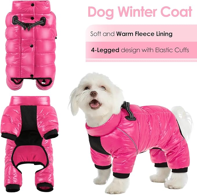 AOFITEE Dog Coat, Waterproof Dog Jacket for Winter, Warm Fullbody Dogs Snowsuit, Winter Coat for Small Dogs, Zip Up Pet Puffer Jacket Fleece Vest, Outdoor Reflective Cold Weather Pet Coats, Rose Red