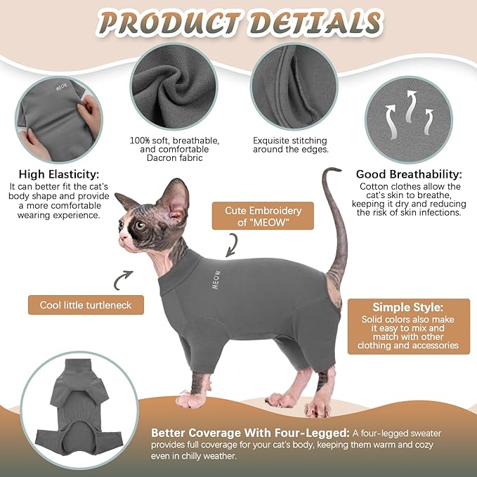ROZKITCH Cat Shirts for Cats Only, Breathable Soft Jumpers for Sphynx Only, Coat with Four Legs, Warm Sweater T-Shirt Pajamas Jumpsuit Vest Cornish Rex, Devon Rex, Peterbald Grey XL