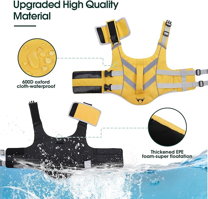 Kuer Dog Life Jacket with Reflective Stripes, Adjustable Visibility Dog Vest Ripstop Lifesaver Pet Life Preserver for Sizes XS-XL