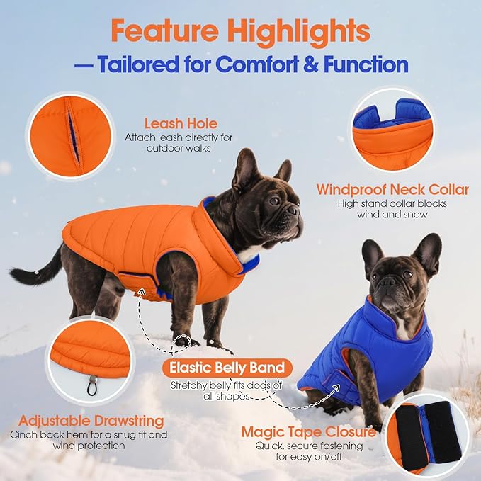 QBLEEV Reversible Dog Jacket for Large Dogs, Waterproof Windproof Winter Coat with Adjustable Hook & Loop Design, Lightweight Puffer Vest Keeps Dogs Warm & Dry, Orange, XL – Fits Pitbull, Boxer