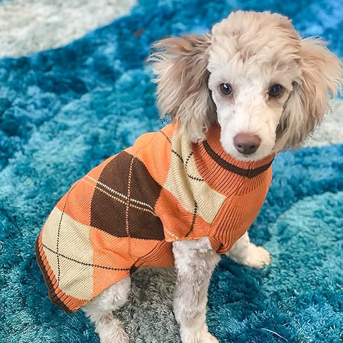 KOOLTAIL Fall Dog Sweater Pet Knitted Clothes - Thanksgiving Classic Plaid Pullover Turtleneck Dog Sweaters with Leash Hole, Thick Cold Weather Pet Outfits for Small Medium Large Dogs Cats Puppy, M