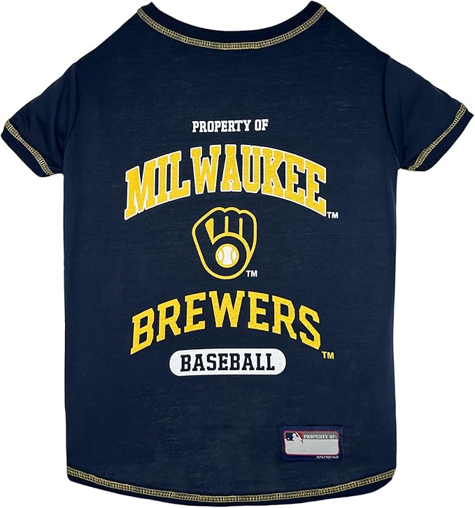 MLB Milwaukee Brewers Dog T-Shirt, Small. - Licensed Shirt for Pets Team Colored with Team Logos. - Premium Stretchable Materials for The Comfort of Your Dog & cat.