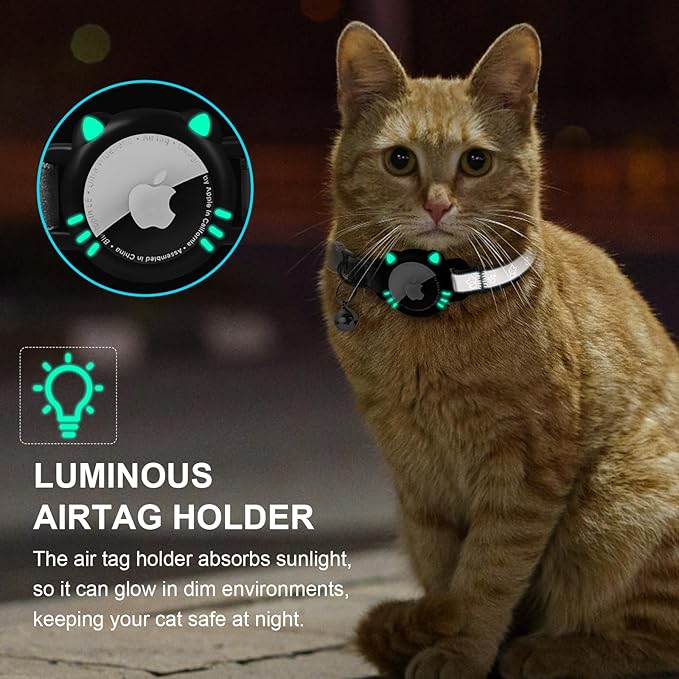 Airtag Cat Collar, Reflective Cat Collar with Apple Air Tag Holder, Breakaway GPS Tracker Pet Collar with Bell for Cat Kitten, Airtag Not Included, Black, XS(7-9 Inch)