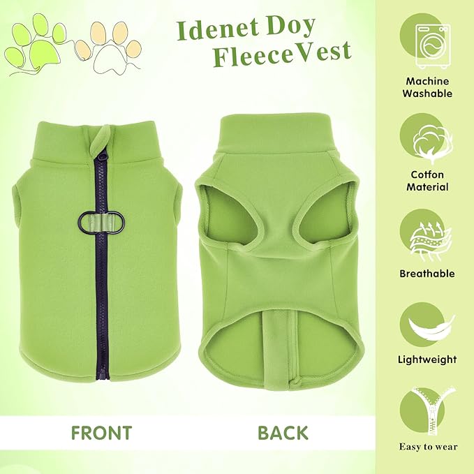 Idepet Dog Fleece Vest Sweater Zip Up Warm Pullover Dogs Jacket with D-Ring Leash Winter Cold Weater Coat Pet Sweatershirt Clothes Hoodie for Small Medium Dogs Boy Girl(Green,M)