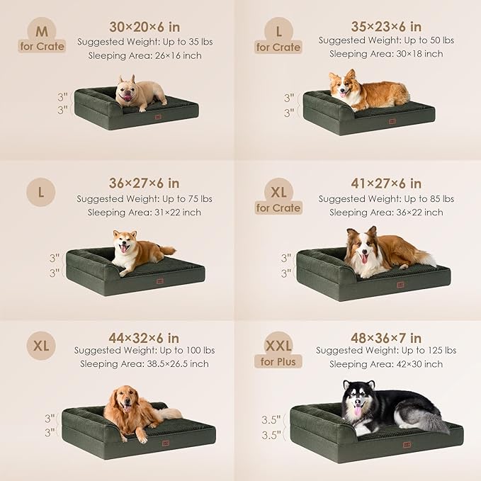 EHEYCIGA Memory Foam Dog Bed Large Sized Dogs, Waterproof Dog Bed Orthopedic with Washable Removable Cover, Non-Slip Pet Bed Couch, 36x27x6 Inches, Dark Green