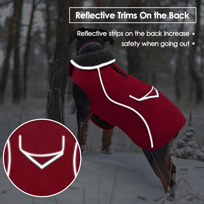 SUNFURA Small Dog Coat, Warm Dog Jacket with Zippered Leash Hole, Reflective Pet Winter Coat Fleece Jacket with Adjustable Furry Collar for Small Dogs Schnauzer, Yorkshire Terrier, Red S