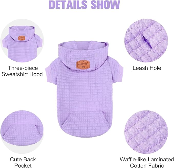 BEAUTYZOO Medium Dog Hoodie Sweater with Pockets, Dog Clothes for Small Medium Dogs Boy Girl, Waffle-Like Laminated Cotton Pet Coats with Hat and Leash Hole, Purple XL
