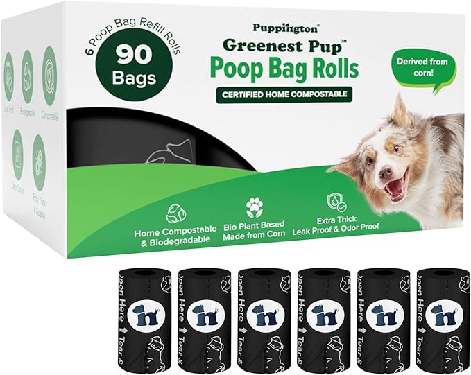 Puppington Certified Home Compostable Poop Bags - ASTM D6400 Compliant - 90 Extra Thick Bags - Plant Based - Pairs with Puppington 3-in-1 Bag & Fits all Standard Poop Bag Dispensers (Onyx Black)