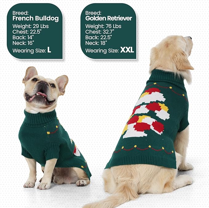 BRKURLEG Dog Sweaters, Christmas Dog Sweaters for Large Dogs Boy Girl, Turtleneck Warm Pet Sweater for Cold Weather, Xmas New Year, Pet Winter Pullover Sweater for Labrador, Dalmatian (Green, XXL)